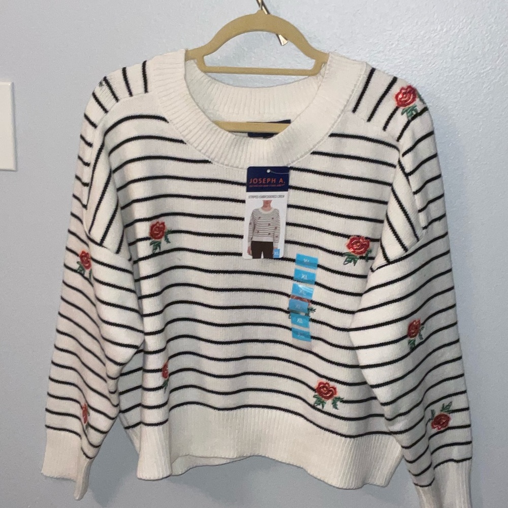 Joseph A Black Striped Sweater with Red Rose Details